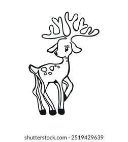 Winter reindeer with horns.Baby due deer black stencil.Decoration.Vector silhouette contour drawing.Happy New Year.Merry Christmas.Plotter laser cutting.Vinyl wall sticker decal.Print. DIY. Line art.