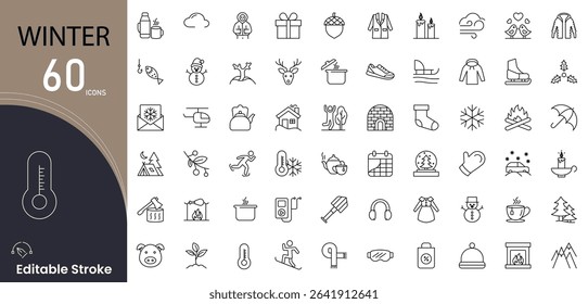 Winter related icon collections. Containing snow, cold, season, jacket, holiday, temperature, mittens, heater, scarf, ice, and Christmas icons. Editable Stroke.