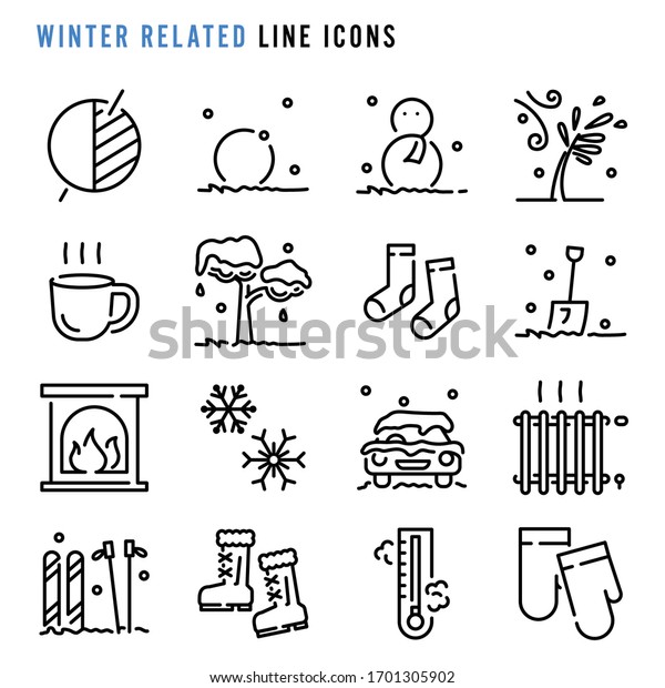 Winter related line\
icons, Pixel perfect winter related thin line icons, Set of simple\
winter related sign line icons, Cute cartoon line icons set, Vector\
illustration 