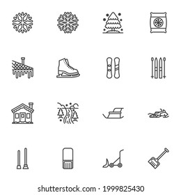 Winter Related Line Icons Set, Outline Vector Symbol Collection, Linear Style Pictogram Pack. Signs, Logo Illustration. Set Includes Icons As Winter Forest, Ski, Snow Removal Machine, Snowflake, Tree