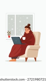 Trabajo remoto de invierno.    Un hombre se sienta en una silla, calurosamente vestido y envuelto en una manta, sosteniendo una computadora portátil y una taza de café. Simboliza calidez y comodidad. Arte vectorial.
