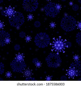 winter repetitive background with blue viruses and snowflakes. vector seamless pattern. COVID-19 coronavirus pandemic. continuous print. design element for banner, ad, warning, post, social media 