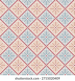 winter repetitive background. snowflakes from hand drawn pixels. vector seamless pattern. modern decorative art. geometric fabric swatch. embroidery template. blue, red textile design 