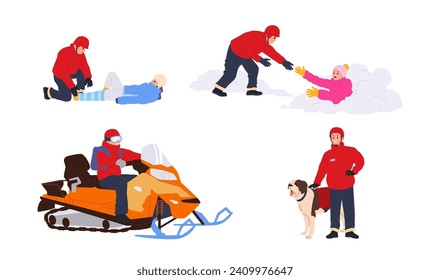 Winter rescuers team with dog and various equipment to save people lives isolated on white