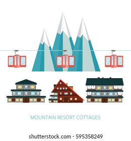 Winter resort banner vector illustration . Wooden cottages  on background snowy mountain landscape . Funicular railway . Ski cable car .