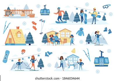 Winter resort bundle of flat scenes. Mountain ski resort isolated set. Funicular, cottage, bathtub jacuzzi, snowman, sportswear, nature, snowboarding and skiing elements. Cartoon vector illustration.