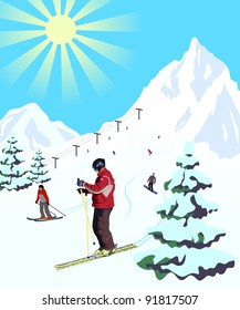 Winter resort landscape with skier