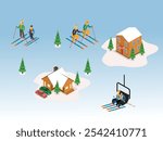 Winter Resort Scene with Skiers, Cabins, and Ski Lift 3d isometric vector illustration