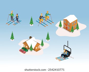 Cena do resort de inverno com esquiadores, cabines e ilustração vetorial isométrica 3d Ski Lift