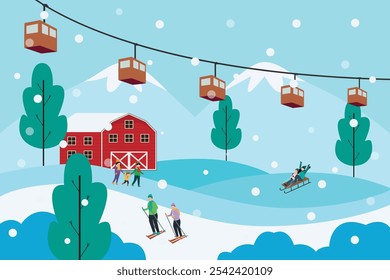 Winter Resort Scene with Skiing, Sledding, Cable Cars, and Snow-Covered Barn in Mountain Landscape 2d flat vector illustrations