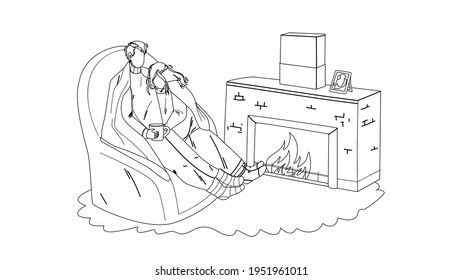 Winter Rest Couple Together Near Fireplace Black Line Pencil Drawing Vector. Young Man And Woman Wrapped In Plaid Relaxing On Armchair And Drinking Hot Drink, Family Winter Rest. Characters Resting 