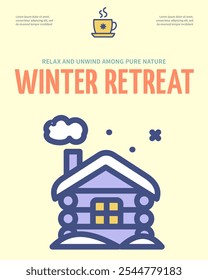Winter Retreat House Konzept Vertikale Einladung Plakat Plakat Banner Card Vorlage. Vektorgrafik des ruhigen ländlichen Cottage Building