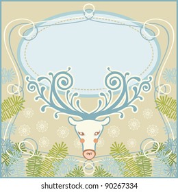 Winter retro background in vector. Christmas and new year's card with head of deer  with stylized antlers,  snowflakes, branches of fir tree, banner. Textbox with frame