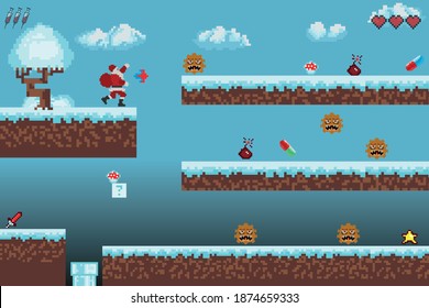 Winter retro game destruction of monsters. fight against coronavirus in retro gaming style. Virus destruction concept in pixel game.