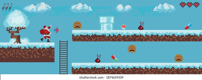 Winter retro game destruction of monsters. fight against coronavirus in retro gaming style. Virus destruction concept in pixel game.