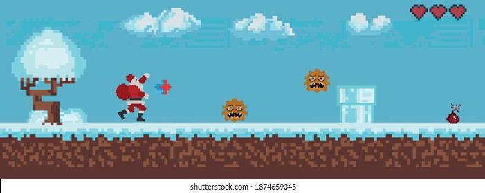 Winter retro game destruction of monsters. fight against coronavirus in retro gaming style. Virus destruction concept in pixel game.
