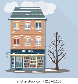 Winter retro house with book shop on first floor. Flat style vector design.