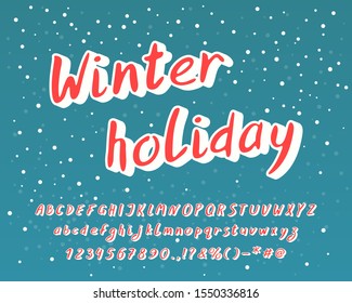 Winter retro Italic alphabet. Greeting card Winter holiday with snowfall on blue background. Red white 3D typeface. Capital and small letters and numbers. Hand brush font for Christmas design