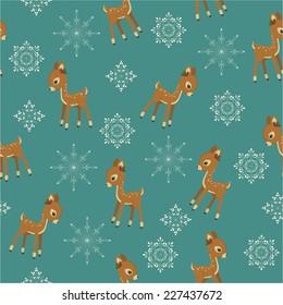 Winter retro seamless with baby deer and snowflakes