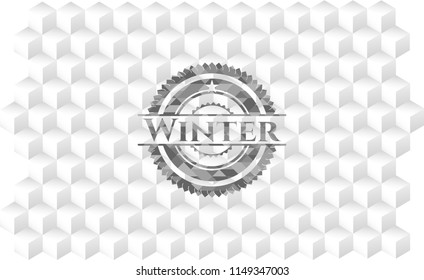 Winter retro style grey emblem with geometric cube white background