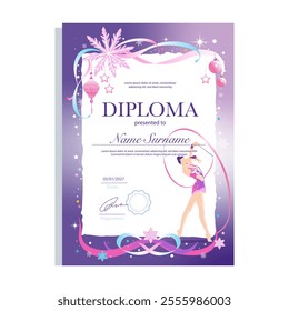 A winter rhythmic gymnastics diploma with a pink-purple gradient, festive ribbons, stars, snowflakes, and a gymnast with a ribbon on the right side, featuring elegant typography.