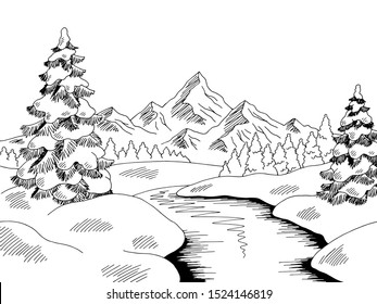 Winter River Landscape Graphic Black White Sketch Illustration Vector