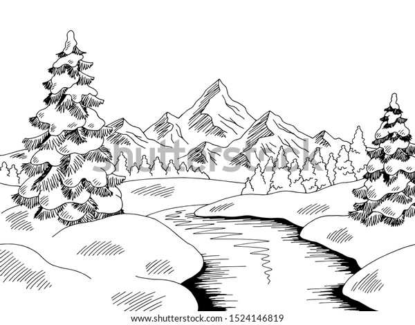 Winter River Landscape Graphic Black White Stock Vector (Royalty Free ...