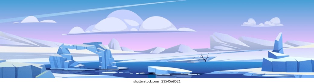 El paisaje del río invernal con el hielo flotando en la superficie del agua. Dibujo vectorial de fondo natural nórdico, arco de piedras blancas, cielo azul y rosa con nubes, tierra del polo norte cubierta de nieve