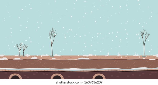 Winter river promenade or bridge with bare trees and snow. Vector cartoon cityscape with old lake quay, empty seafront in european town and snowfall