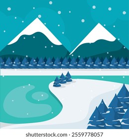 Winter river and snow-covered mountains Vector