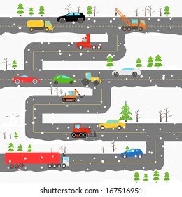 Winter road with cars illustration