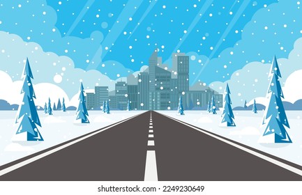 Winter road and falling snow. Rural winter landscape with trees and highway. Highway to city