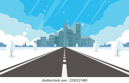 Winter road and falling snow. Rural winter landscape with trees and highway. Highway to city