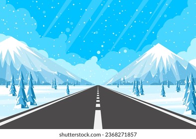 Winter road and falling snow. Rural winter landscape with trees and highway.