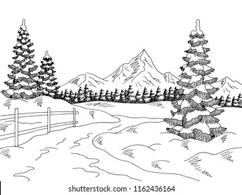 Winter road graphic black white sketch landscape illustration vector