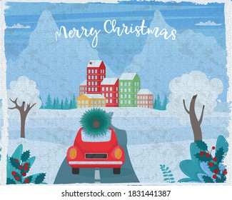 Winter road landscape with a small village in the mountains. Cute vector illustration for greeting card, banner, poster. Vintage shabby style