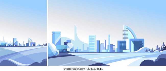 Winter Road leading to city. Beautiful urban scene in different formats.
