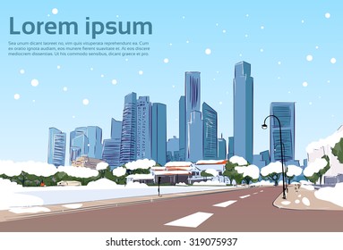 Winter Road To Modern City View Snow Skyscraper Cityscape Background With Copy Space Vector Illustration