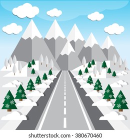 Winter road on a background of mountains. Vector illustration.