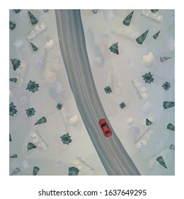 winter road with a red car. view from above.