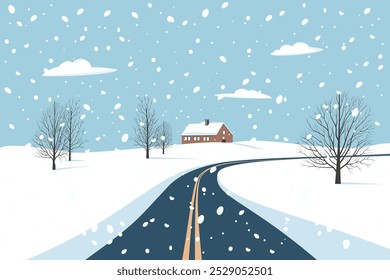 Winter road, rural landscape. Snow-covered road among snowdrifts in snowfall. Highway in winter. Vector illustration of a track.
