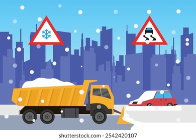 Seguridad vial en invierno - Limpieza de calles con quitanieves en la ciudad con señales de peligro de nieve y hielo Ilustraciones vectoriales planas 2d