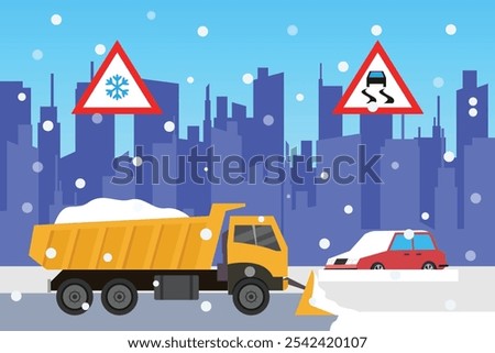 Winter Road Safety - Snowplow Clearing Streets in City with Snow and Ice Hazard Signs 2d flat vector illustrations