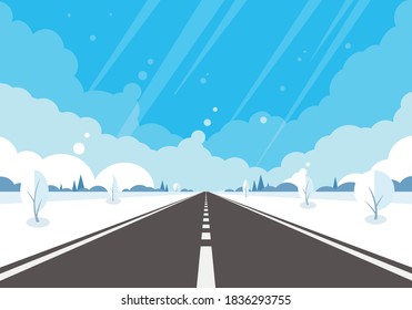 Winter road with snow. Winter landscape with trees and highway.