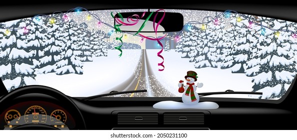 Winter road in snowfall from inside of the car. Long horizontal Christmas and New Year banner and greeting card. Vector illustration.