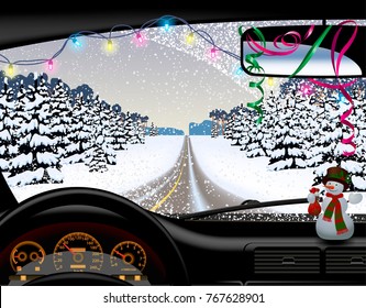 Camino invernal en nevada desde el interior del auto. Tarjeta de felicitación de Navidad y Año Nuevo. Ilustración vectorial. 