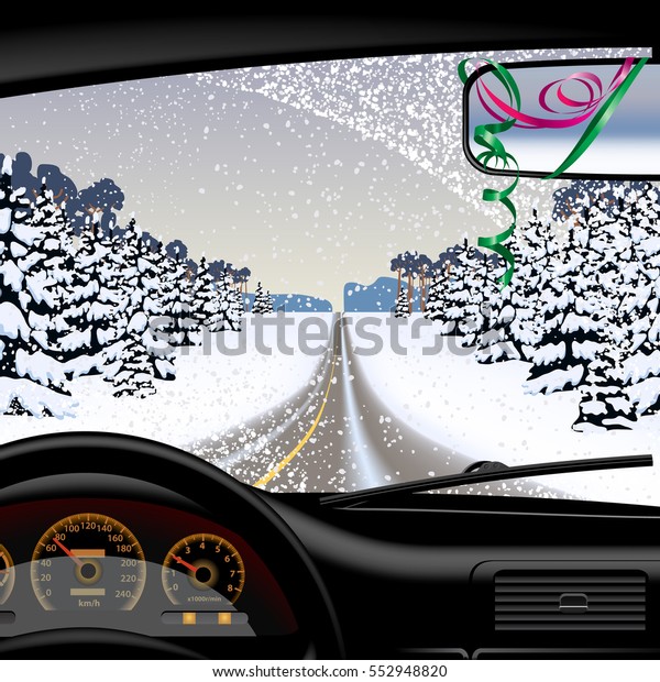 Winter road in snowfall from inside of the\
car. Vector\
illustration.