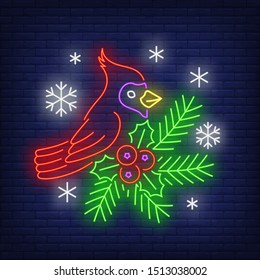 Winter robin neon sign. Bird, robin, winter. Night bright advertisement. Vector illustration in neon style for banner, billboard