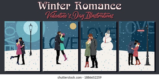 Winter Romance Valentine's Day Illustrations, Kissing Couples, Snow, Snowman