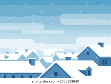 Telhados de inverno com neve, chaminés e flocos de neve caindo em um